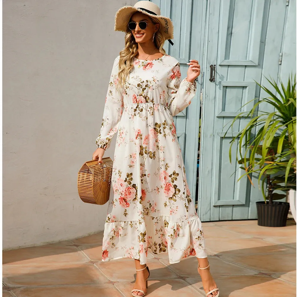 Sping Bohemian Women Maxi Casual Long Sleeve High Waist Chiffon Midi Dresses