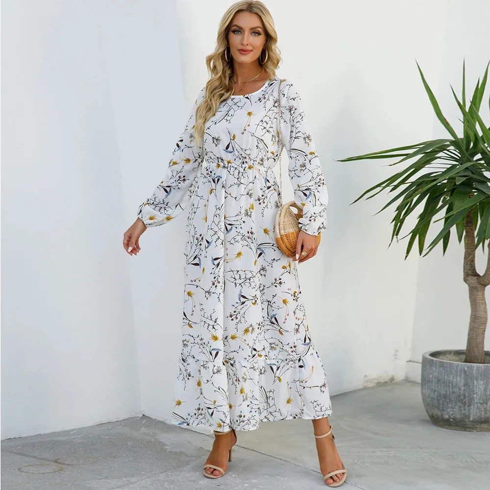 Sping Bohemian Women Maxi Casual Long Sleeve High Waist Chiffon Midi Dresses