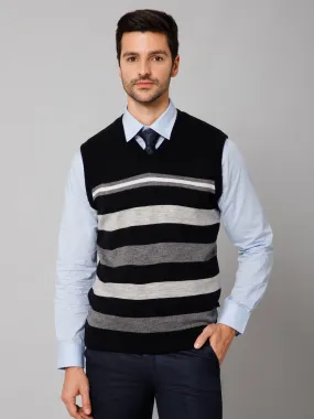 Stripe Black Sleeveless V Neck Regular Fit Reversible Casual Sweater for Men