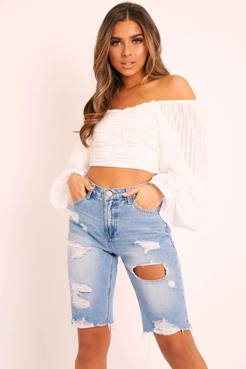 White Sheer Striped Bardot Crop Top - Ellerie