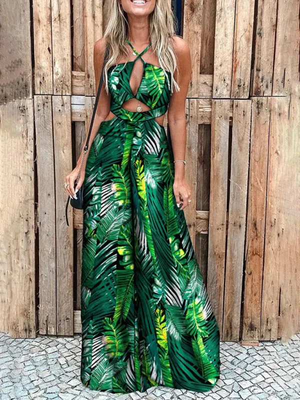 Women's Irregular Print Halter Neck Jumpsuit With Front Cut Out Detail